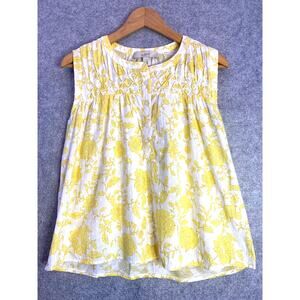 Loft Yellow Floral Pleated Yoke Mixed Media Top, Sleeveless, Women’s Size Small